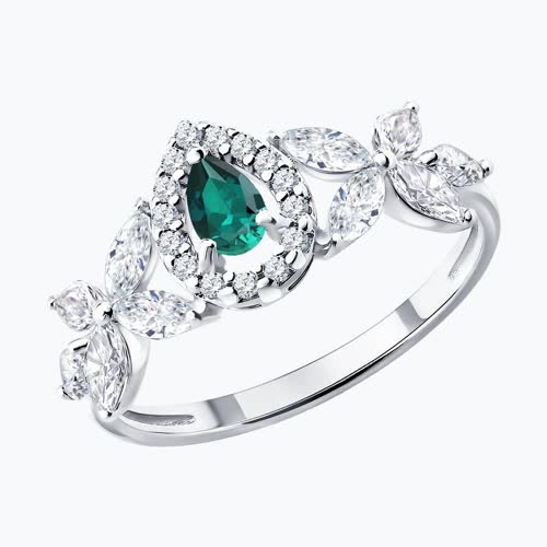 Кольцо из серебра с изумрудом и фианитами - видео на модели