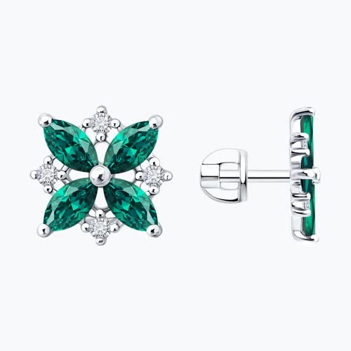 Серьги из серебра с изумрудами и фианитами - видео на модели