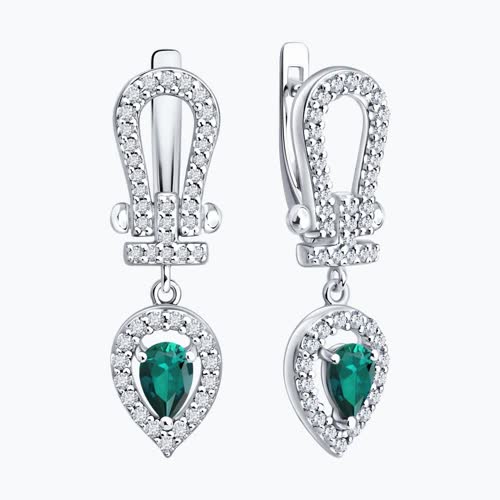 Серьги из серебра с изумрудами и фианитами из родированное серебро — вид 5