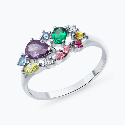 Кольцо из серебра с гидротермальным изумрудом, корундом и фианитами