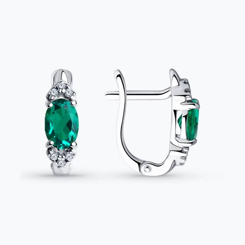 Серьги из серебра с гидротермальными изумрудами и фианитами