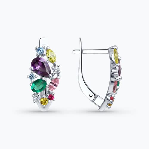 Серьги из серебра с гидротермальными изумрудами, корундами и фианитами - видео на модели