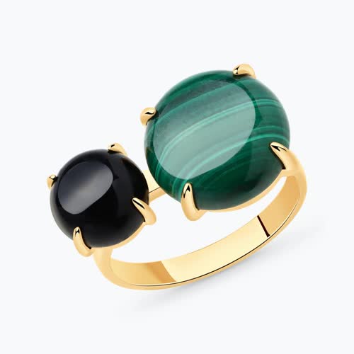 Кольцо из золочёного серебра с агатом и малахитом - видео на модели