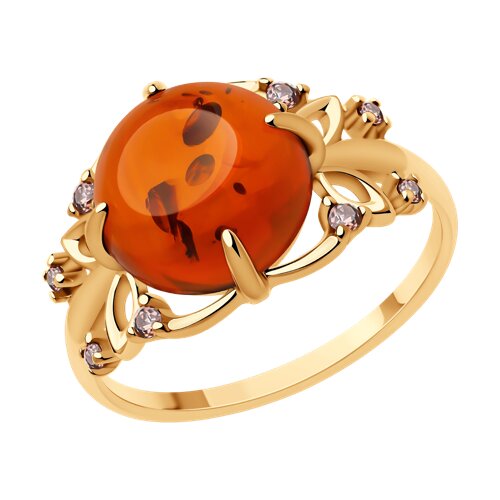 Кольцо из золочёного серебра с янтарём и фианитами из серебро