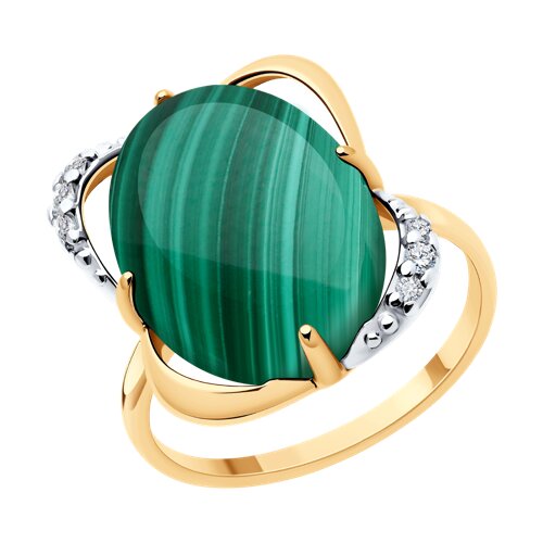 Кольцо из золочёного серебра с малахитом и фианитами из серебро