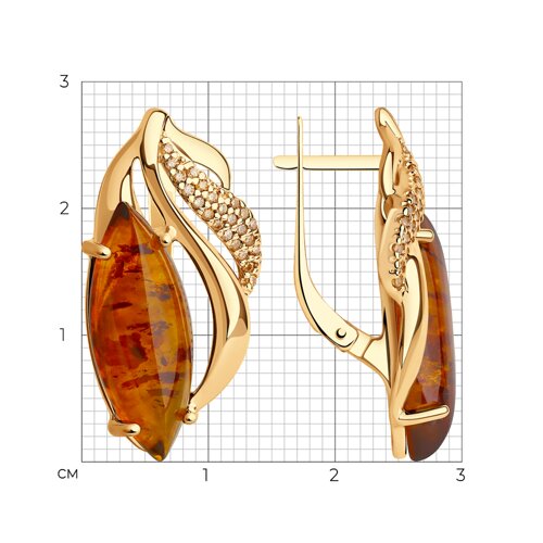 Серьги из золочёного серебра с жёлтыми фианитами и янтарём из серебро — вид 4