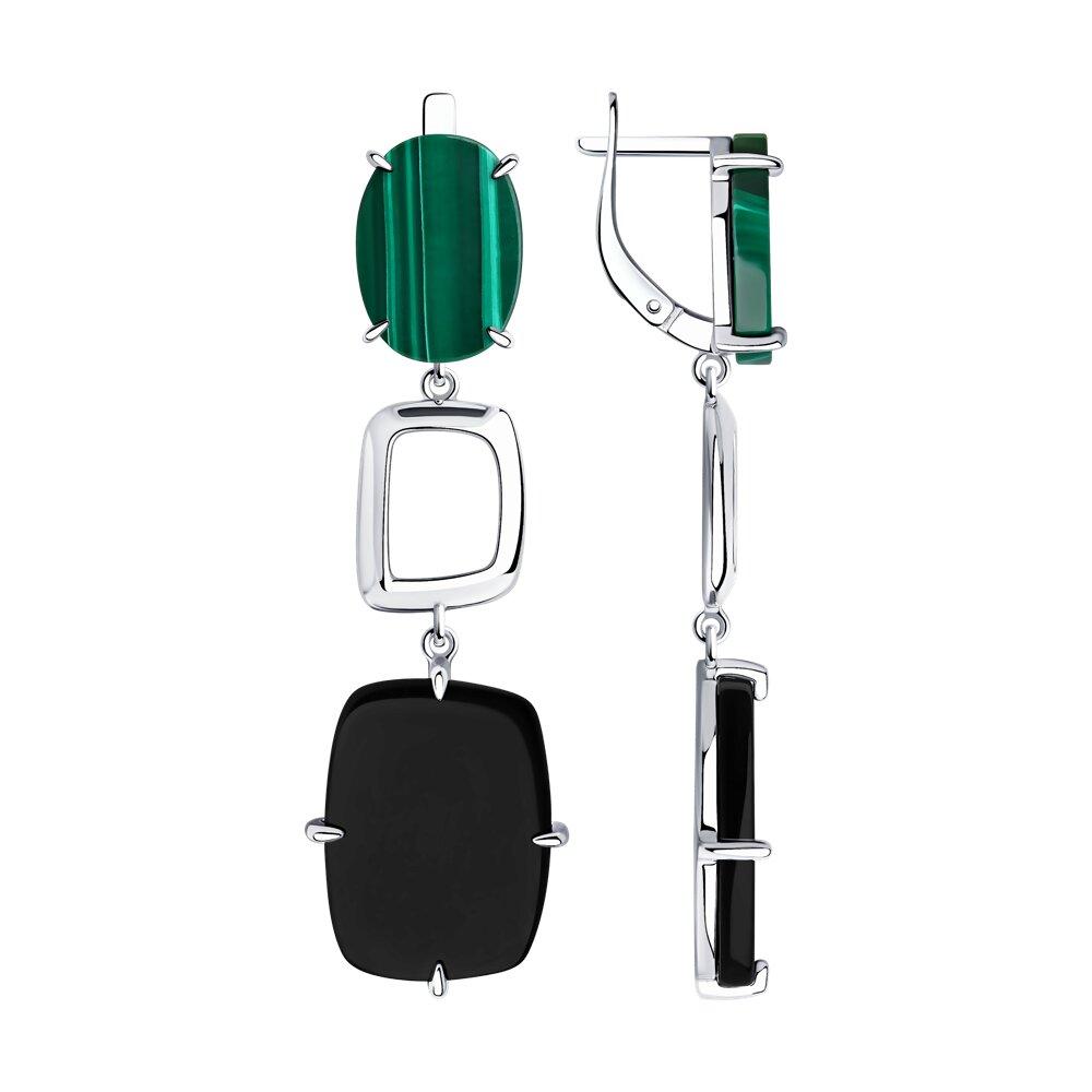 Серьги из серебра с агатами и малахитами из серебро