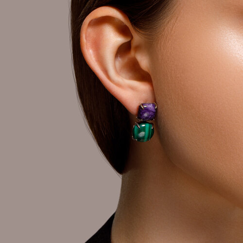 Серьги из серебра с Малахитои и Чароитом из серебро — вид 2