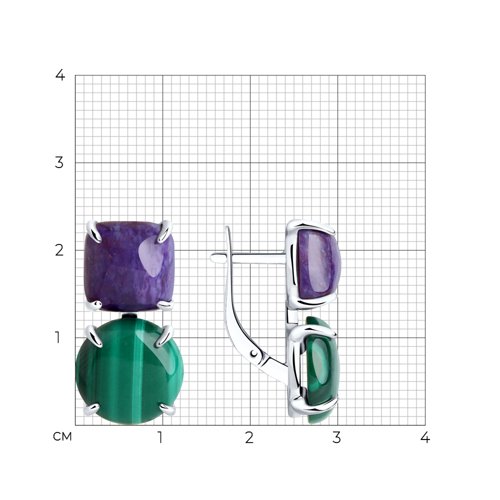 Серьги из серебра с Малахитои и Чароитом из серебро — вид 3