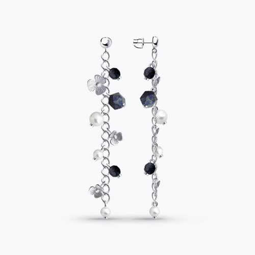 Серьги из серебра с содалитом и синтетическим жемчугом из серебро