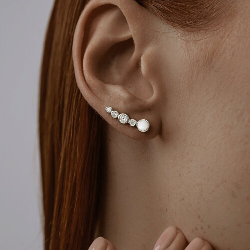 Серьги из серебра с лунными камнями и фианитами из родированное серебро — вид 2