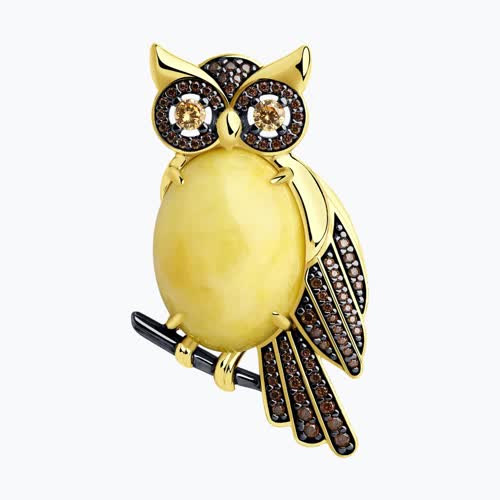 Брошь из золочёного серебра с янтарём и фианитами - видео