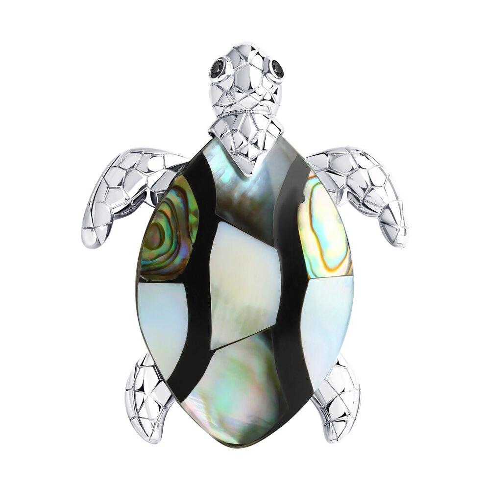 Брошь из серебра с перламутром и фианитами из серебро