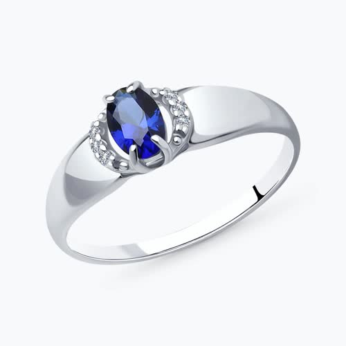 Кольцо из серебра с корундом сапфировым (синт.) и фианитами - видео на модели