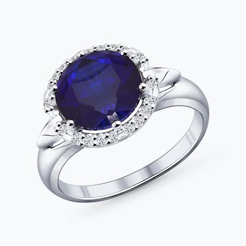 Кольцо из серебра с корундом сапфировым (синт.) и фианитами - видео на модели