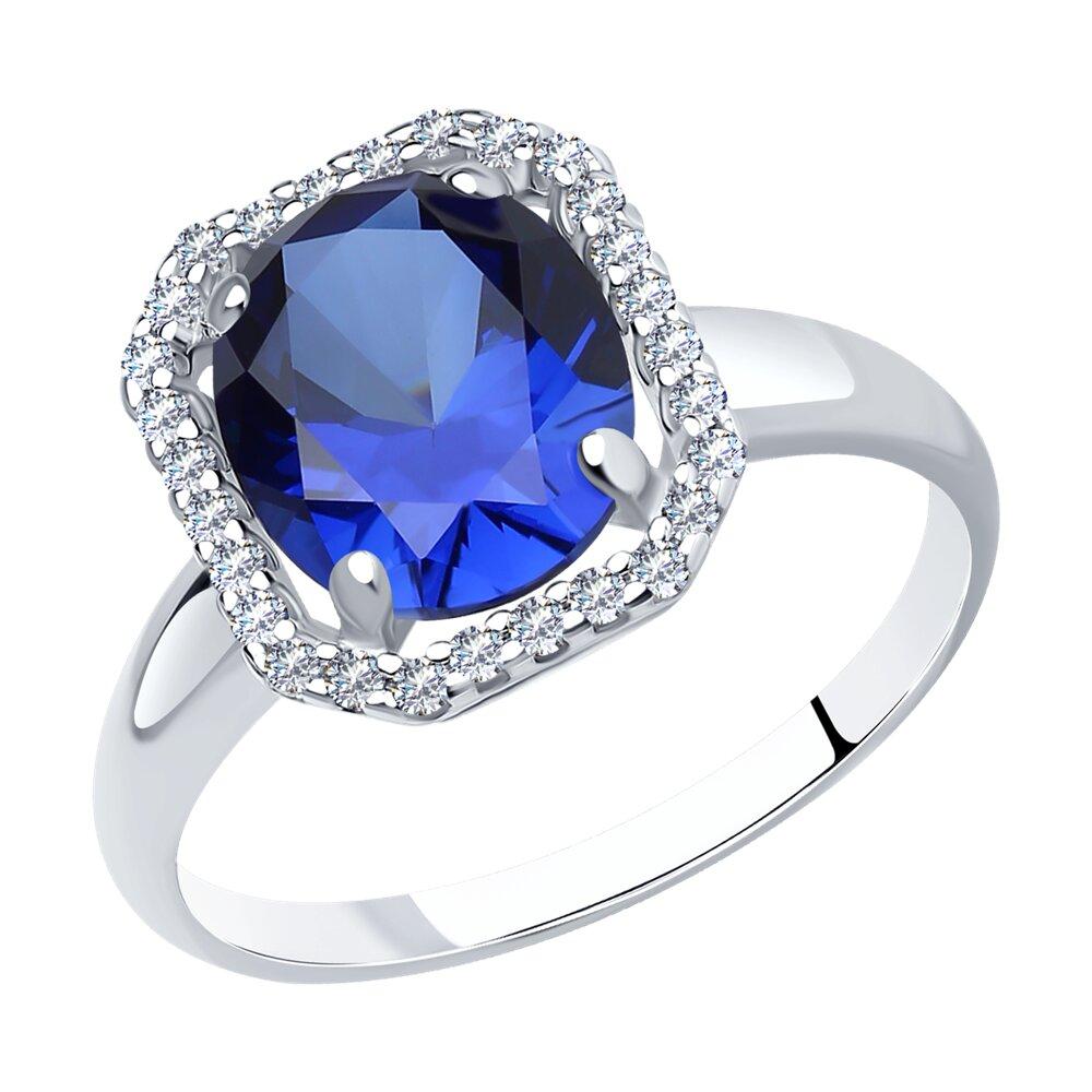 Кольцо из серебра с корундом сапфировым (синт.) и фианитами - видео на модели