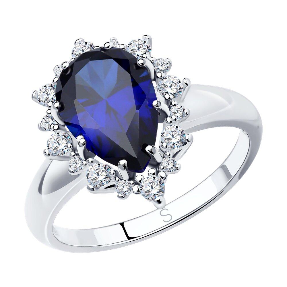 Кольцо из серебра с корундом сапфировым (синт.) и фианитами - видео на модели