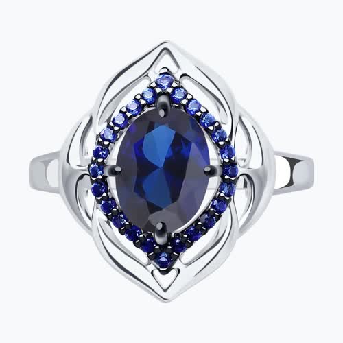Кольцо из серебра с корундом сапфировым (синт.) и синими фианитами из серебро — вид 2