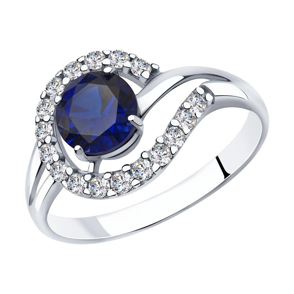 Кольцо из серебра с синим корунд (синт.) и фианитами - видео на модели