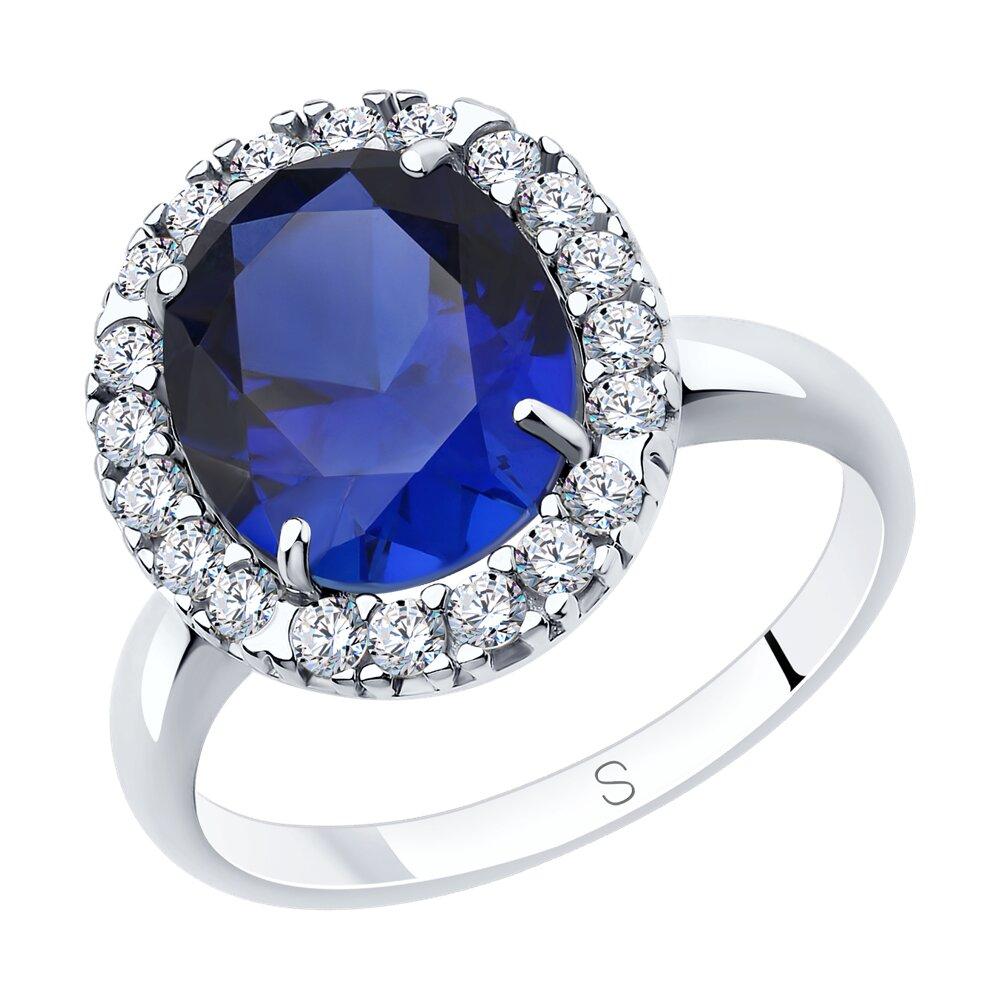 Кольцо из серебра с синим корунд (синт.) и фианитами - видео на модели