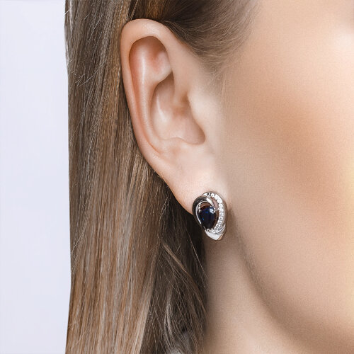 Серьги из серебра с синими корунд (синт.) и фианитами из родированное серебро — вид 2