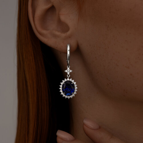 Серьги из серебра с синими корунд (синт.) и фианитами из родированное серебро — вид 2