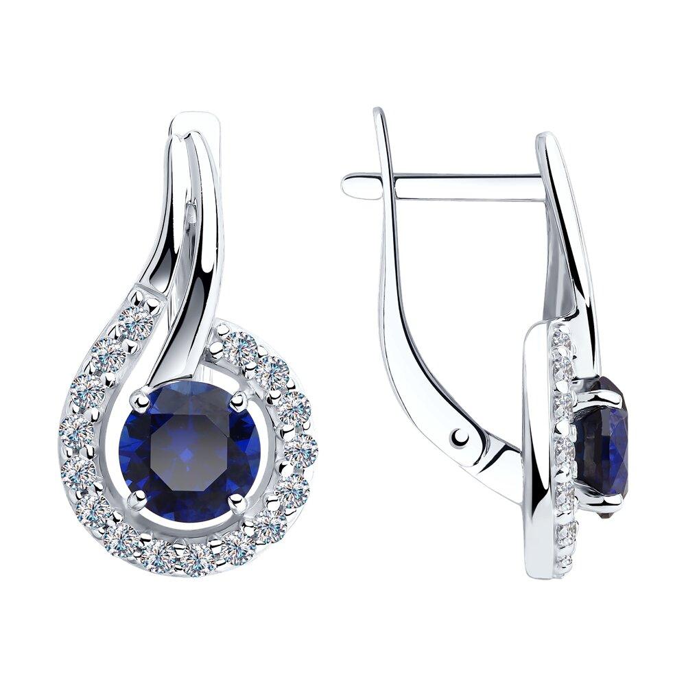 Серьги из серебра с синими корунд (синт.) и фианитами - видео на модели