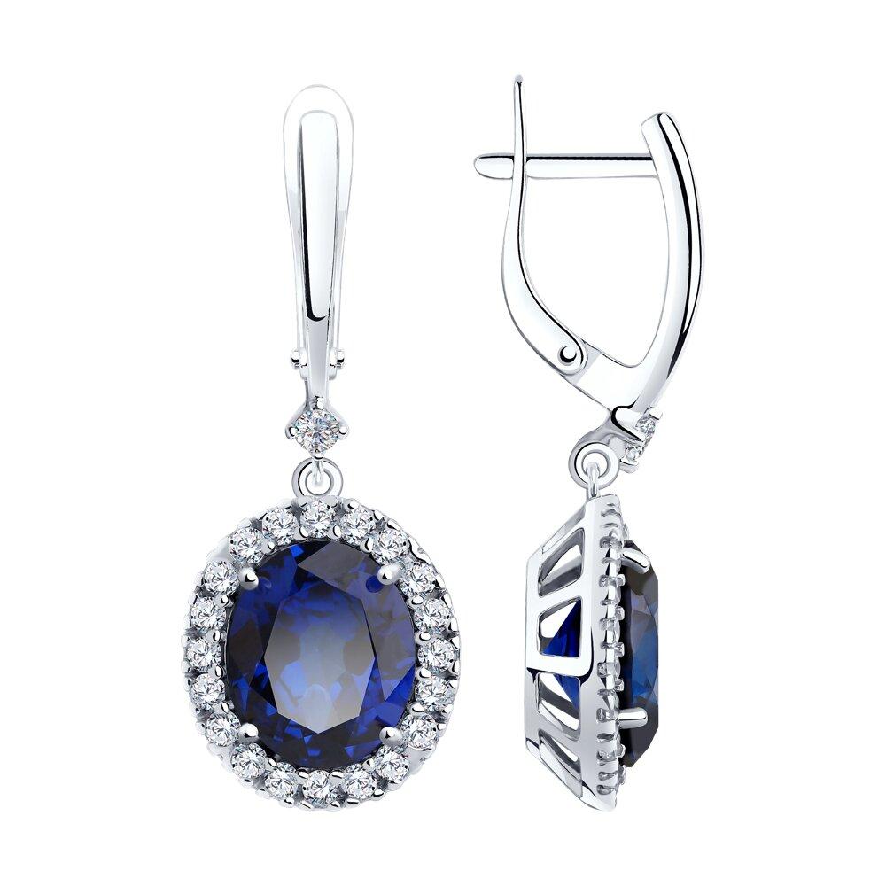 Серьги из серебра с синими корунд (синт.) и фианитами - видео на модели