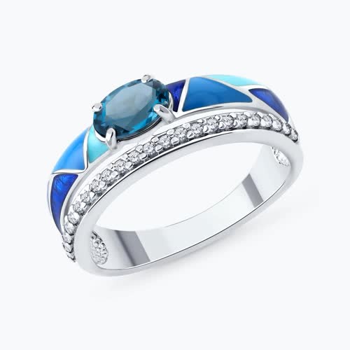 Кольцо из серебра с лондон топазом, эмалью и фианитами из серебро