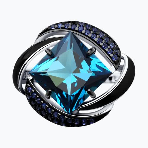 Кольцо из серебра с эмалью с синим ситаллом и синими фианитами из родированное серебро — вид 5