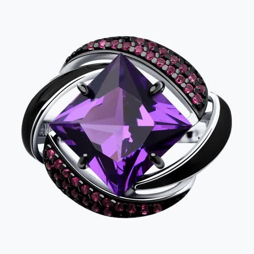 Кольцо из серебра с эмалью с сиреневым ситаллом и красными фианитами из родированное серебро — вид 5