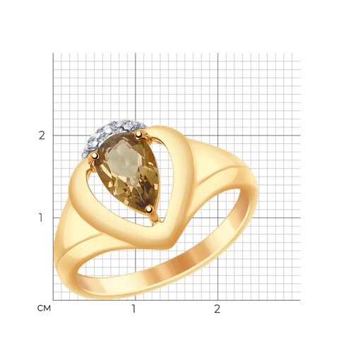 Кольцо из золочёного серебра с раухтопазом и фианитами из золочение розовое — вид 2