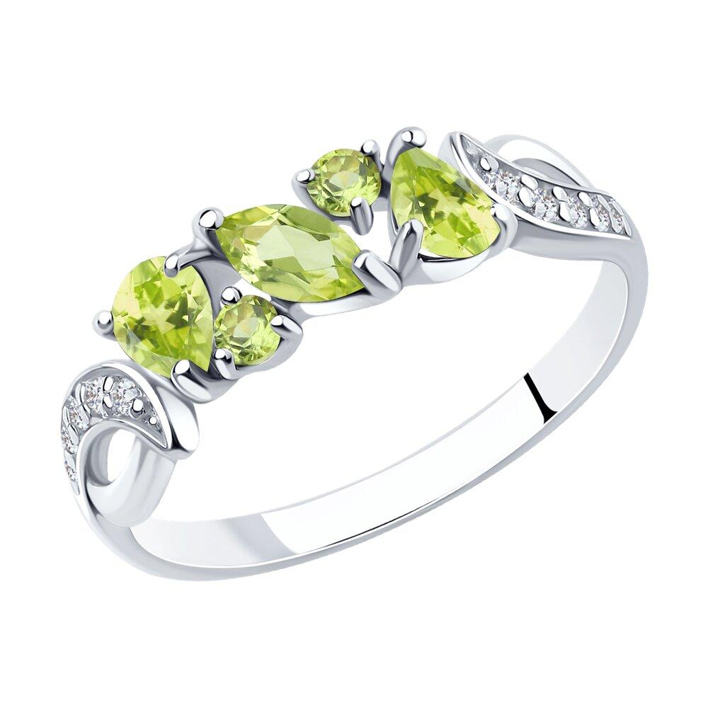 Кольцо из серебра с хризолитами и фианитами из родированное серебро