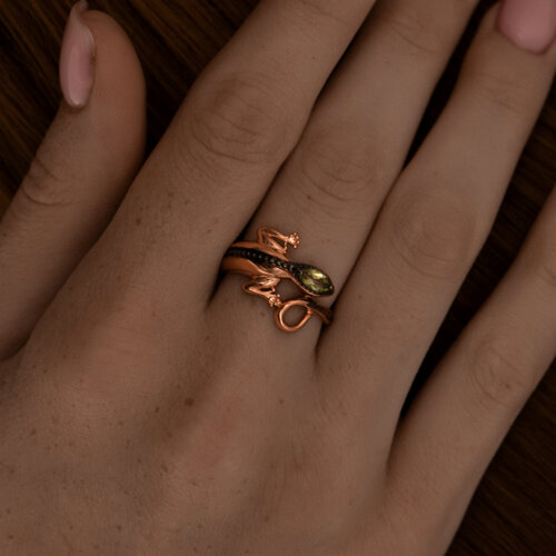 Кольцо из золочёного серебра с хризолитом из золочение розовое — вид 2