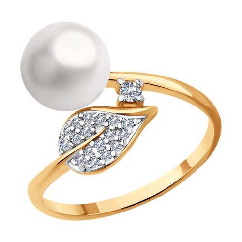 Кольцо из золочёного серебра с жемчугом и фианитами из серебро