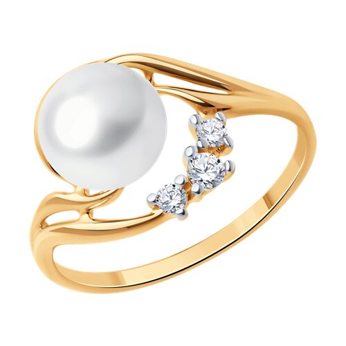 Кольцо из золочёного серебра с жемчугом и фианитами из серебро