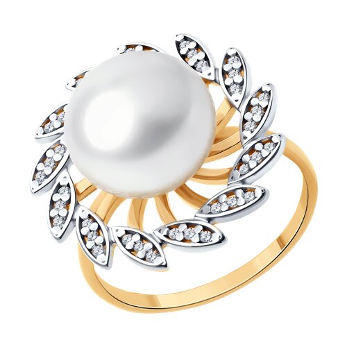 Кольцо из золочёного серебра с жемчугом и фианитами из серебро