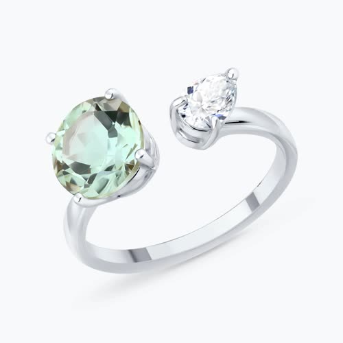 Кольцо из серебра с празиолитом и фианитом из родированное серебро