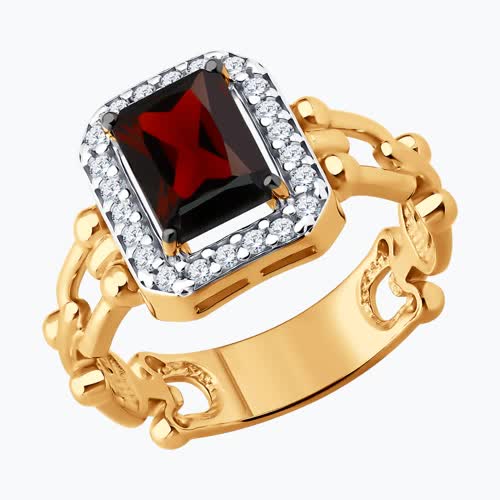 Кольцо из золочёного серебра с гранатом и фианитами - видео на модели