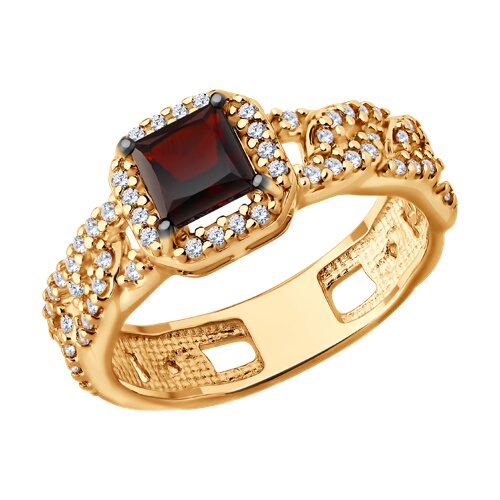 Кольцо из золочёного серебра с гранатом и фианитами