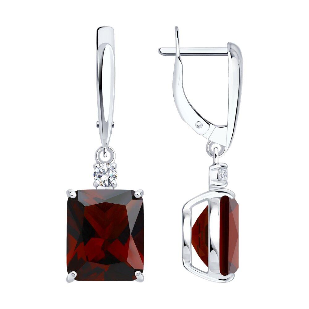 Серьги из серебра с красными ситаллами и фианитами