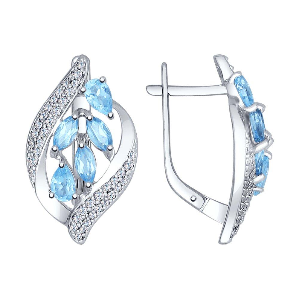 Серьги из серебра с голубыми топазами и фианитами - видео на модели