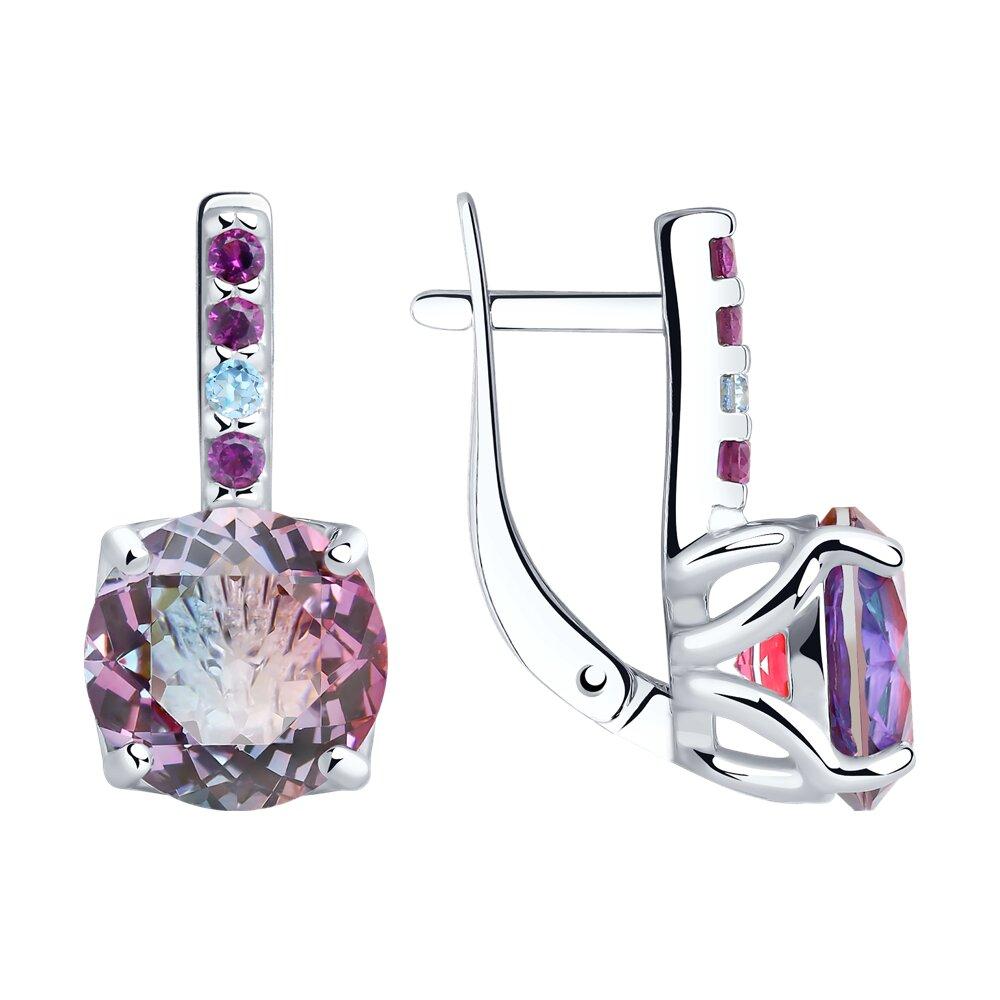 Серьги из серебра с ситаллами и голубыми и сиреневыми фианитами