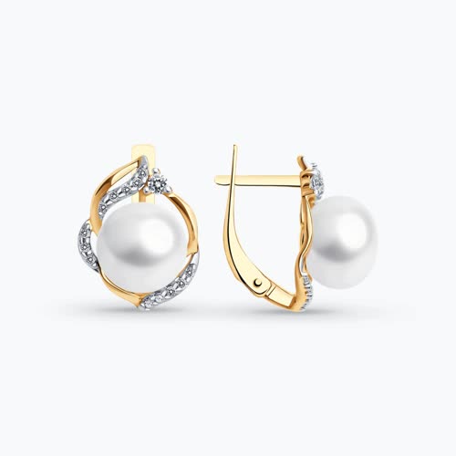 Серьги из золочёного серебра с жемчугом и фианитами