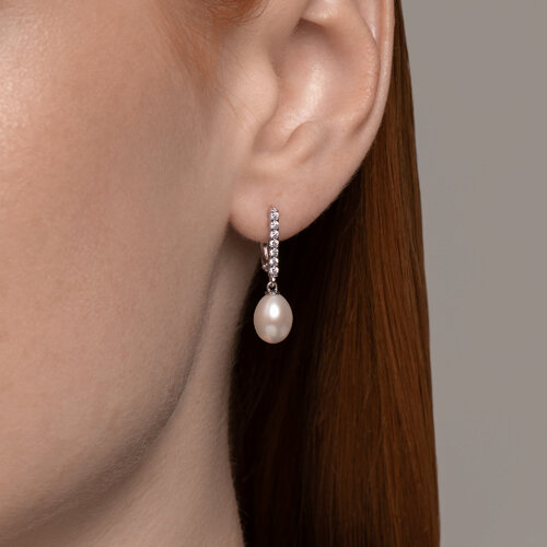 Серьги из серебра с жемчугом и фианитами из родированное серебро — вид 2