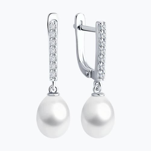 Серьги из серебра с жемчугом и фианитами из родированное серебро — вид 4
