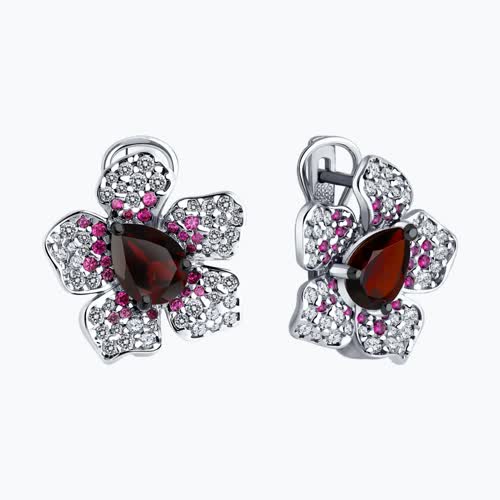 Серьги из серебра с гранатом, корундами и фианитами из серебро — вид 2