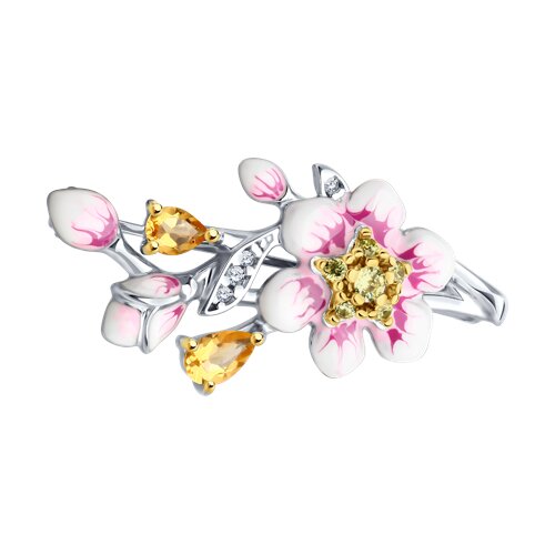 Брошь из золочёного серебра с цитринами, эмалью и фианитами - видео на модели