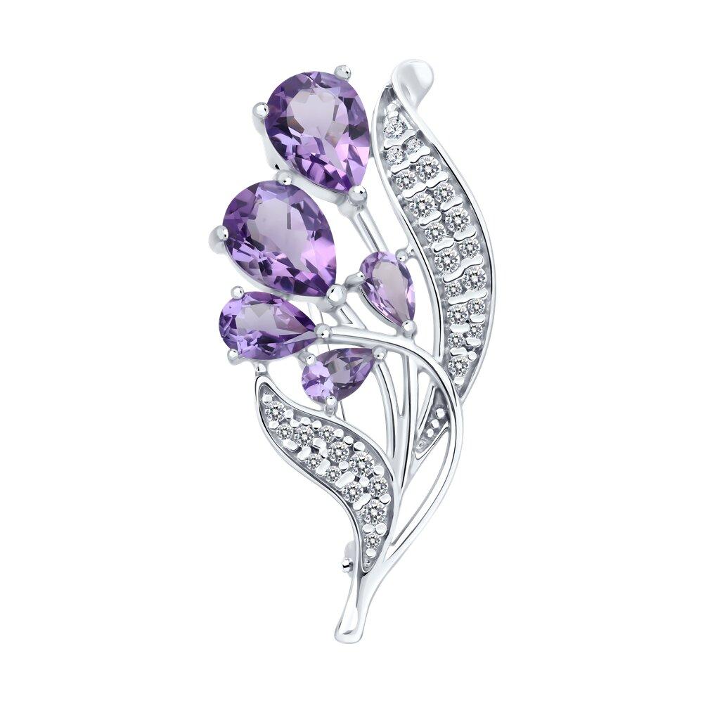 Брошь из серебра с аметистами и фианитами из серебро