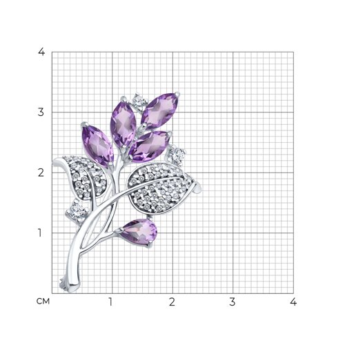 Брошь из серебра с аметистами и фианитами из родированное серебро — вид 4